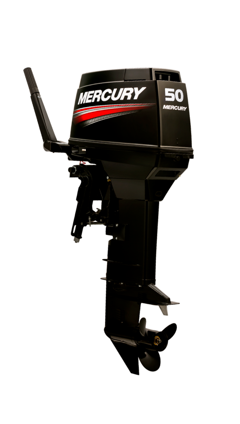 Detalhe do motor de popa Mercury 50HP 2 tempos comando manche